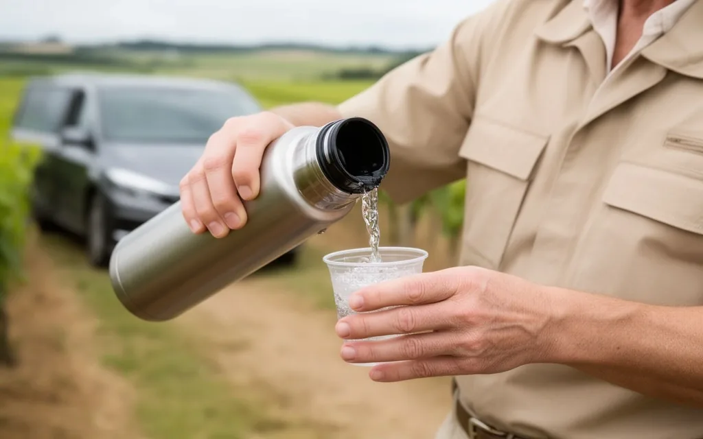 Coordinador de confort preparando agua para pasajeros