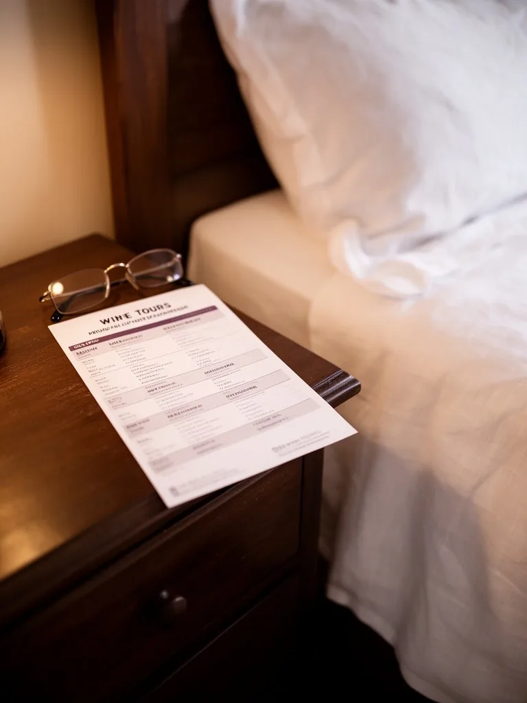 Itinerario impreso con tipografía grande sobre una mesa de noche