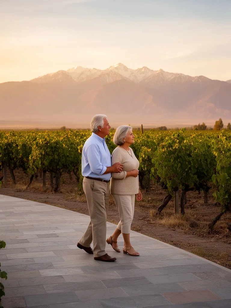 Pareja mayor caminando por un viñedo de Mendoza al atardecer