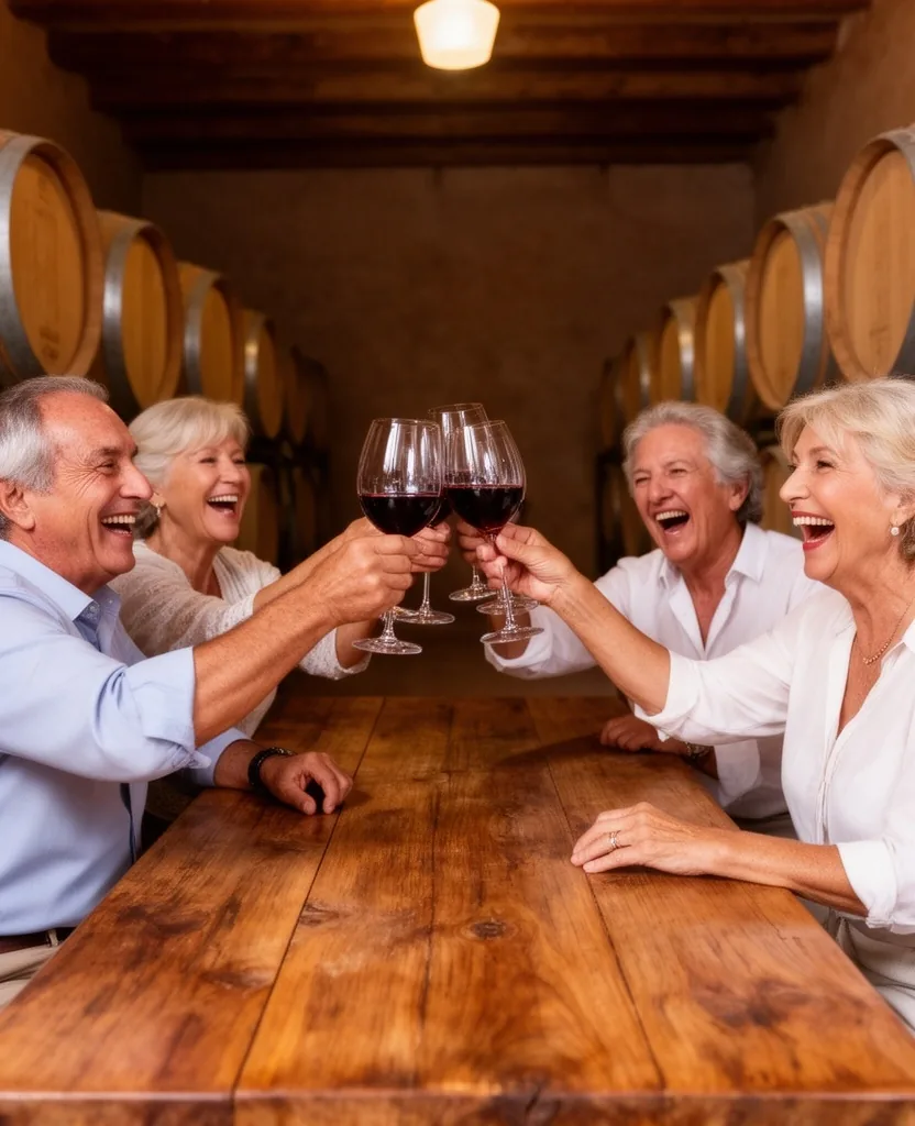Grupo de adultos mayores brindando en una bodega de Salta