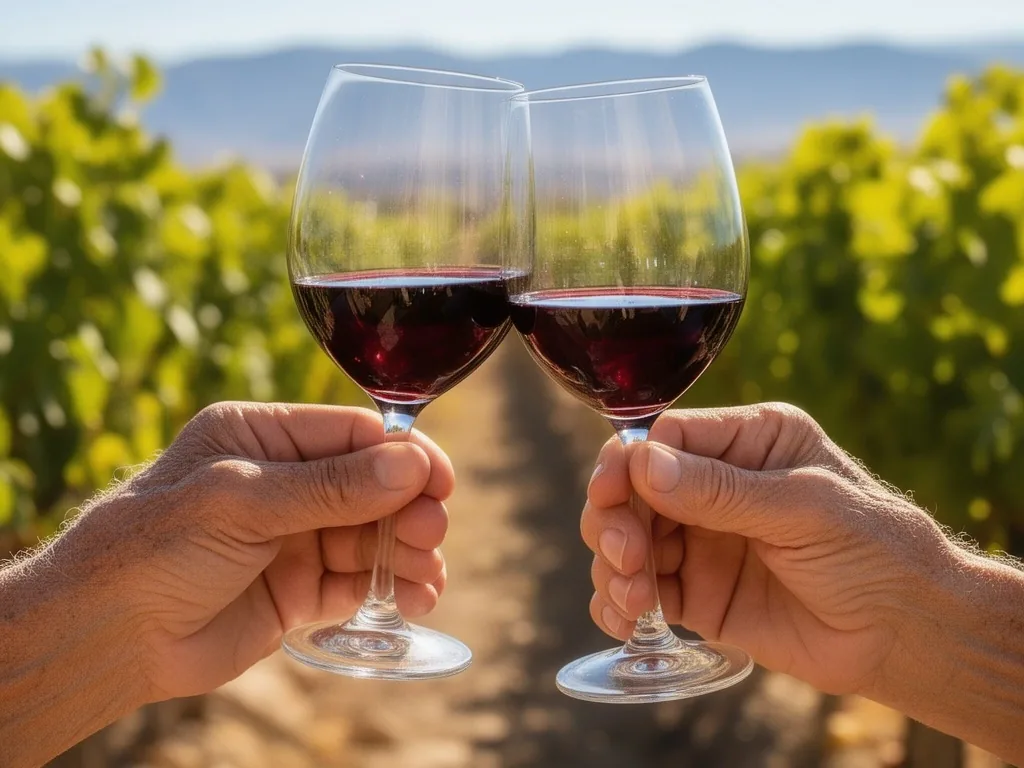 Manos sosteniendo una copa de vino Malbec en un viñedo