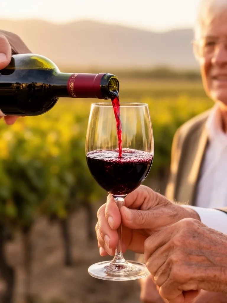 Copa de vino tinto siendo servida en una bodega de Mendoza