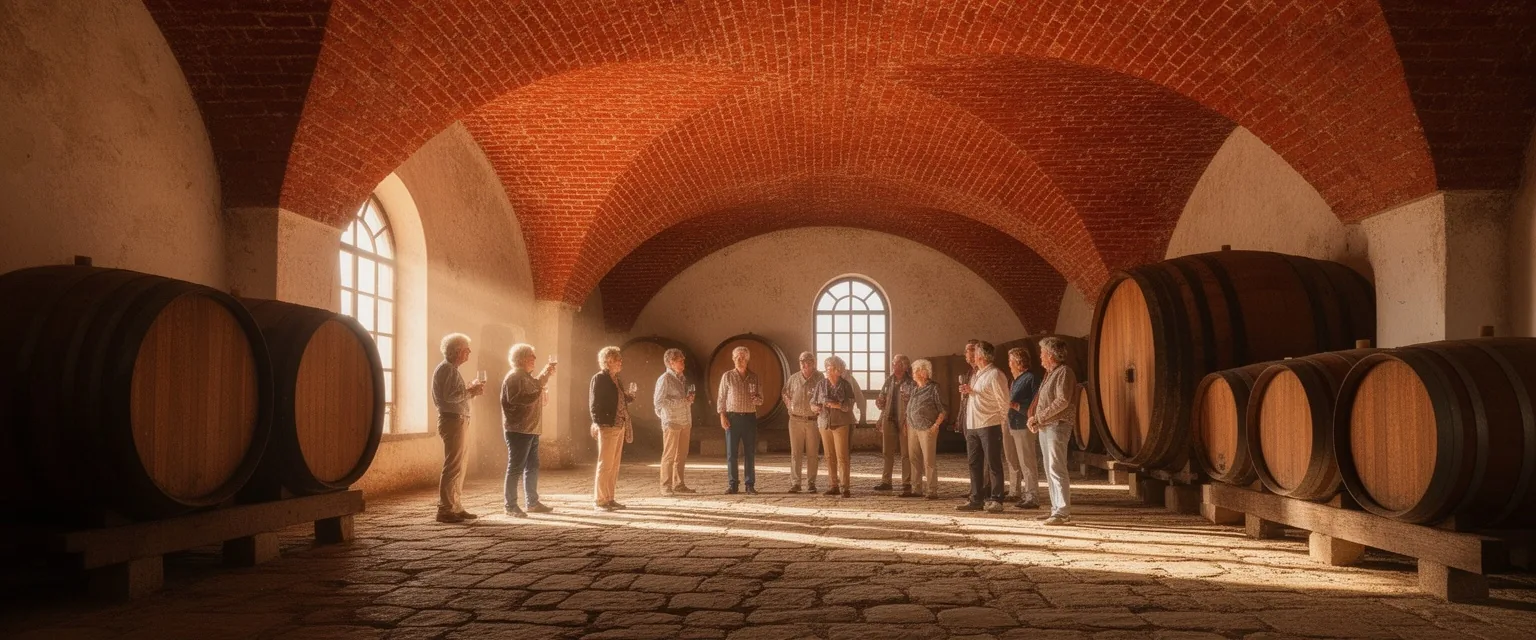 Interior de bodega histórica con bóvedas de ladrillo