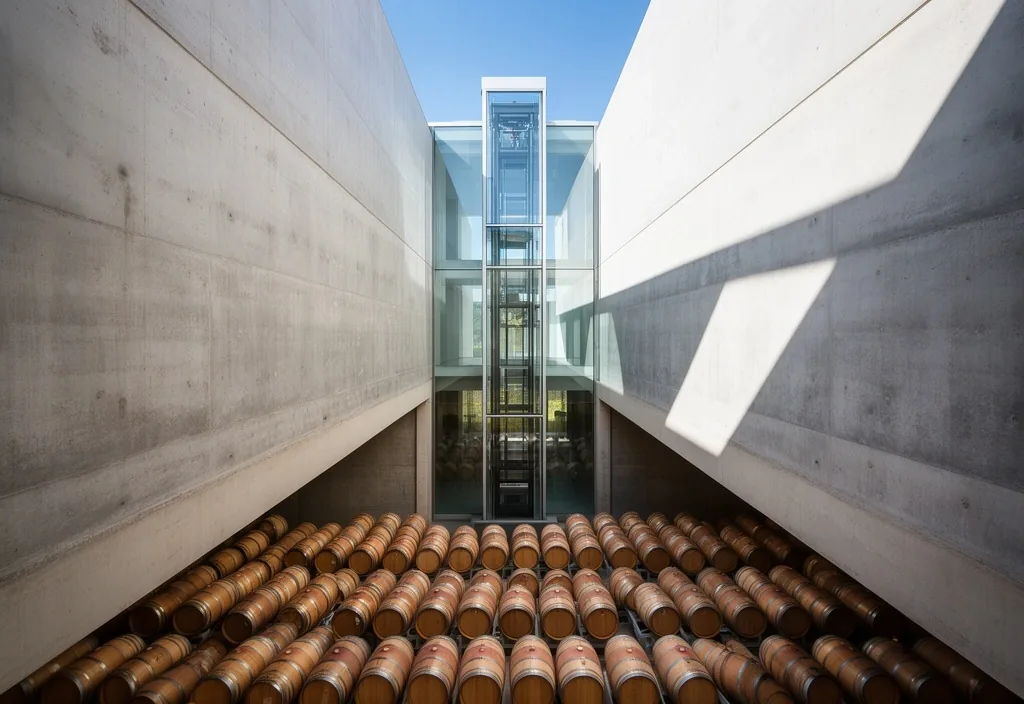Arquitectura moderna de bodega en Valle de Uco con ascensor de cristal
