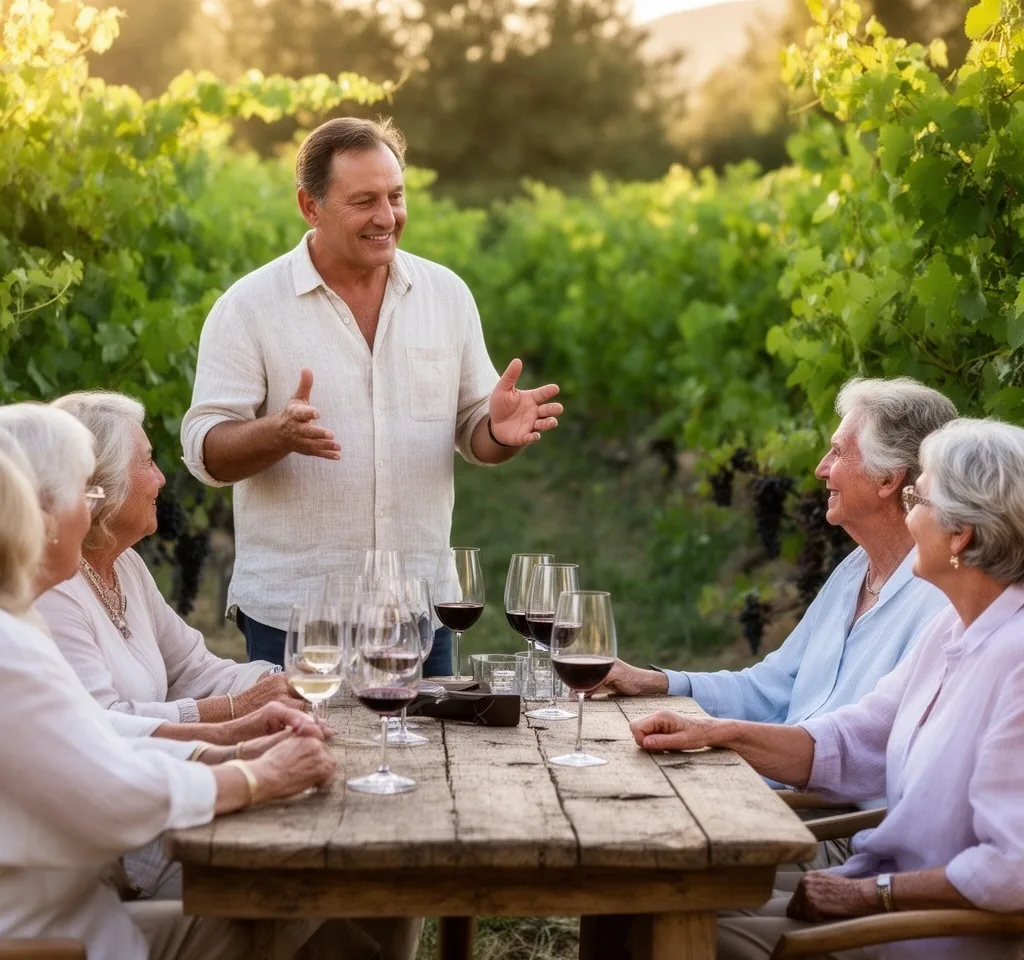 Enólogo conversando con un grupo de adultos mayores en el jardín de una bodega
