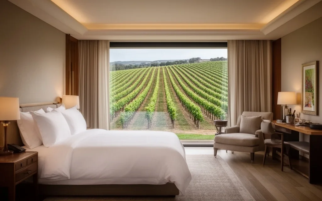Habitación de hotel boutique con vista a viñedos y cordillera
