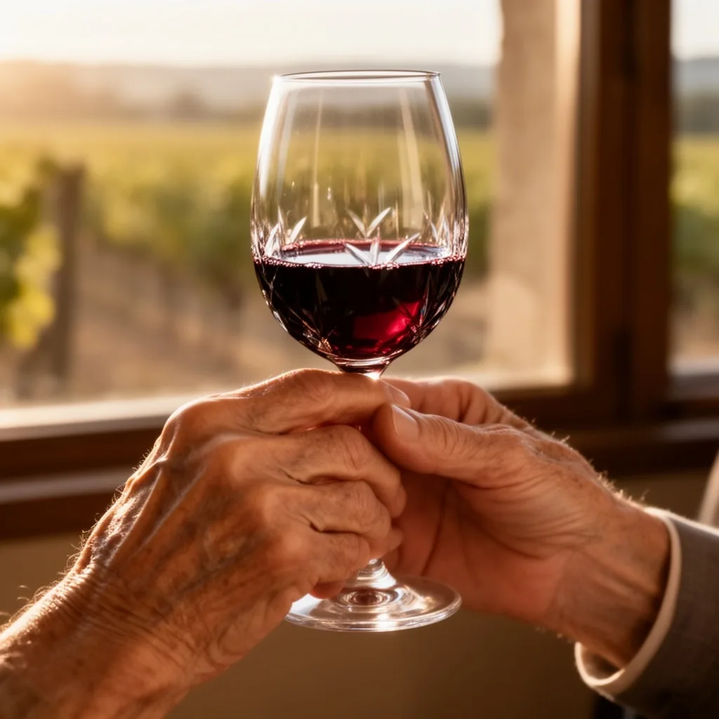 Manos sosteniendo una copa de vino tinto