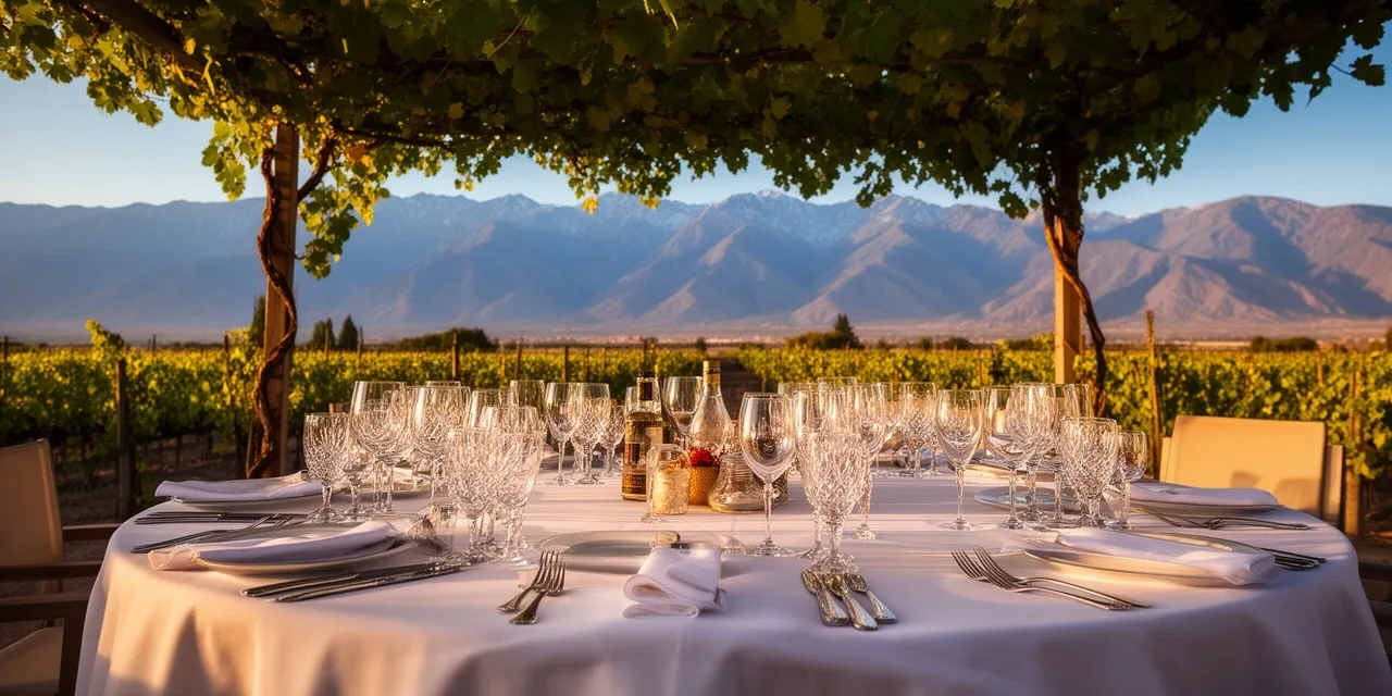 Mesa almuerzo gourmet bajo emparrado con vista a los Andes