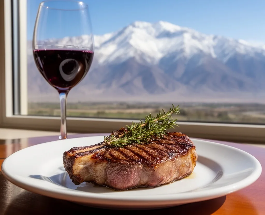 Plato gourmet de cordero con copa de Malbec frente a la ventanal de los Andes