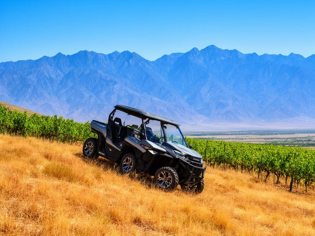 Vehículo de tracción integral en camino entre viñedos de Mendoza