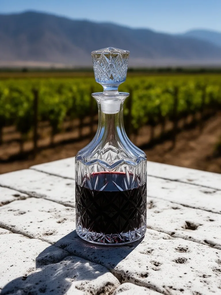 Decantador de cristal con vino Malbec sobre mesa de piedra