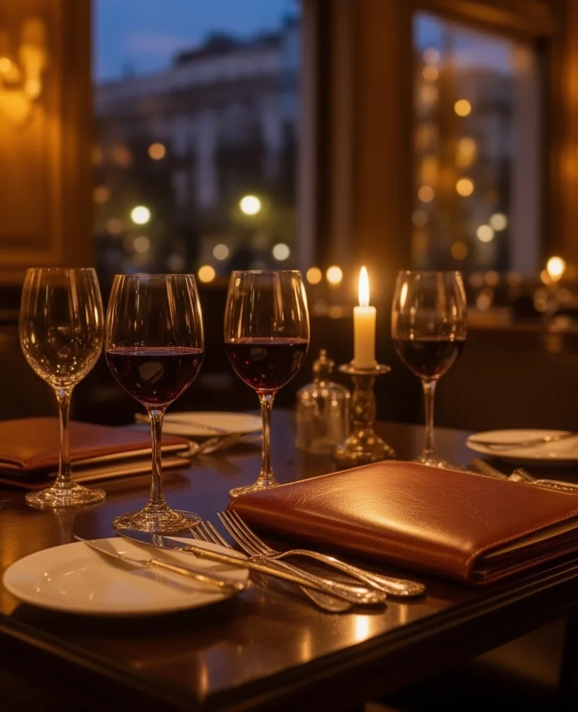 Mesa elegante en restaurante de Buenos Aires al atardecer