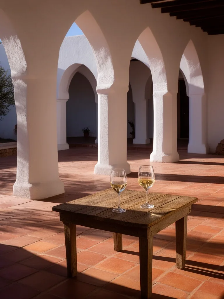 Patio colonial en Cafayate, Salta, con sombras geométricas
