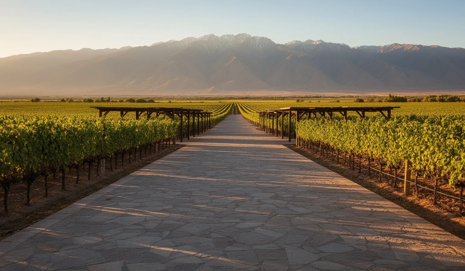 Camino de piedra llano entre viñedos en Mendoza