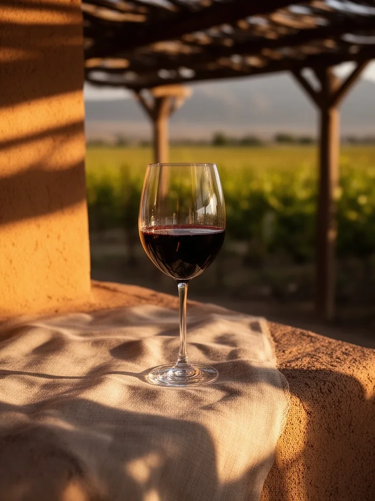 Copa de Malbec sobre terraza de bodega en Mendoza al atardecer