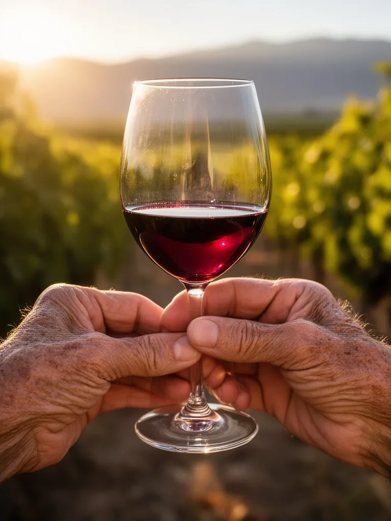 Manos maduras sosteniendo una copa de vino tinto bajo la luz dorada de la tarde
