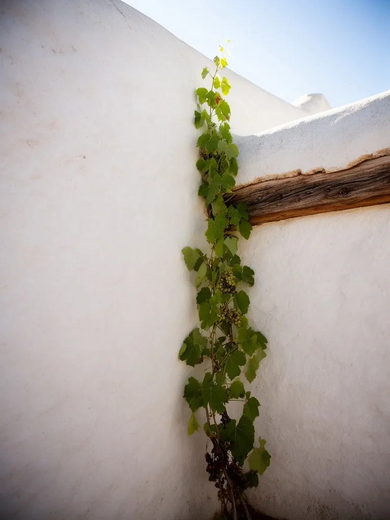Pared de estuco blanco de una bodega en Mendoza bajo la luz dorada de la tarde