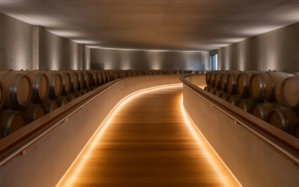 Sala de barricas accesible con rampa amplia e iluminación uniforme